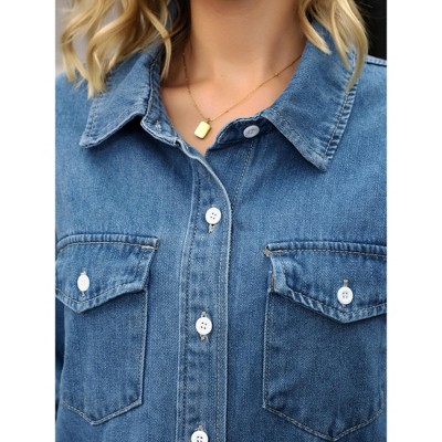 INSPIRE CHIC Women's Jean Long Sleeve Button Down Lightweight Denim Western Shacket with Pockets Blue XX-Large — фото 5