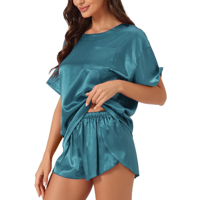 cheibear Women's Satin Spring Summer Short Sleeve Pullover T-shirt with Shorts Sleepwear Pajama Set, 1 of 6
