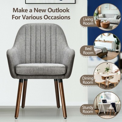 Set of 4 Gray Linen Upholstered Accent Chairs with Rubber Wood Legs