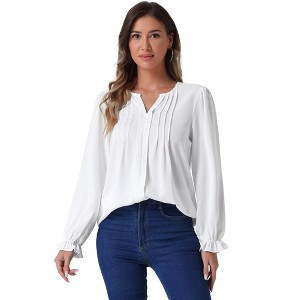 Allegra K Women's Split Neck Pleated Long Sleeve Casual Business Tops - 1 of 4