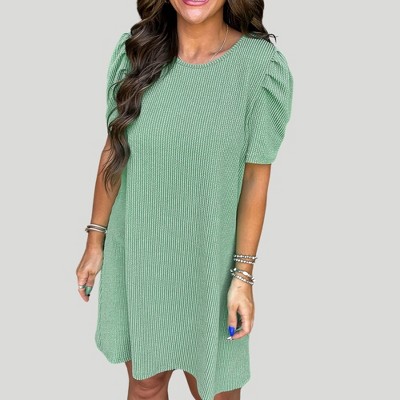 Amaryllis Women’s Textured Rib Knit Puff Sleeve Mini Dress Stretchy Casual Short Sleeve Crew Neck