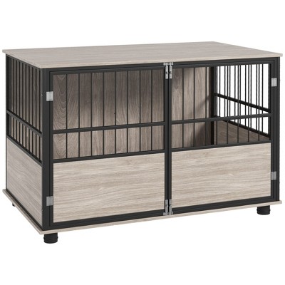 Skyzone Walnut Furniture Dog Crate End Table with 3 Doors, Particle Board & Steel, for Dogs Up to 66