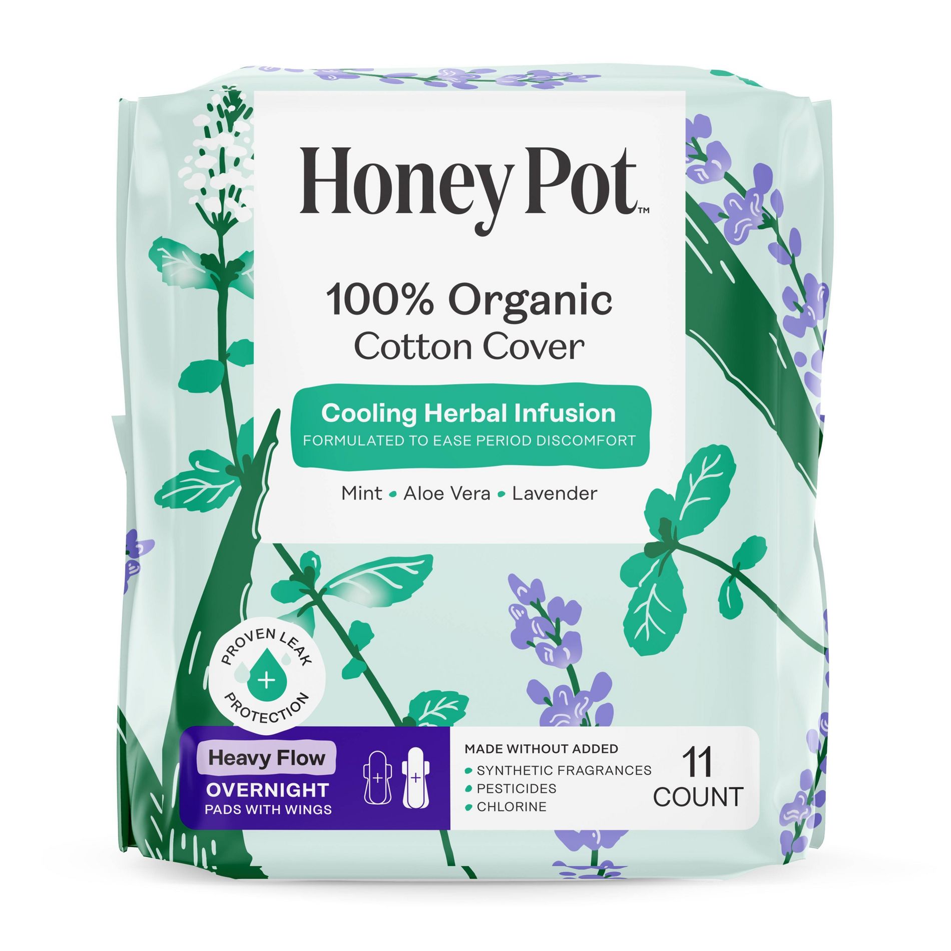 Honey Pot 100% Organic Cotton Cover Cooling Herbal Infusion Heavy Flow Overnight Pads - 11 ct