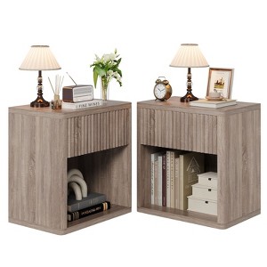 Night Stand Set of 2, Wooden Nightstands with Drawer and Storage Shelf, Minimalist Sofa Bed Side Accent Table with Fluted Panel, Modern End Table for - 1 of 4
