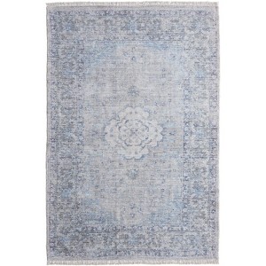 Gray Blue and Ivory Oriental Hand Woven Distressed Area Rug With Fringe - 1 of 4