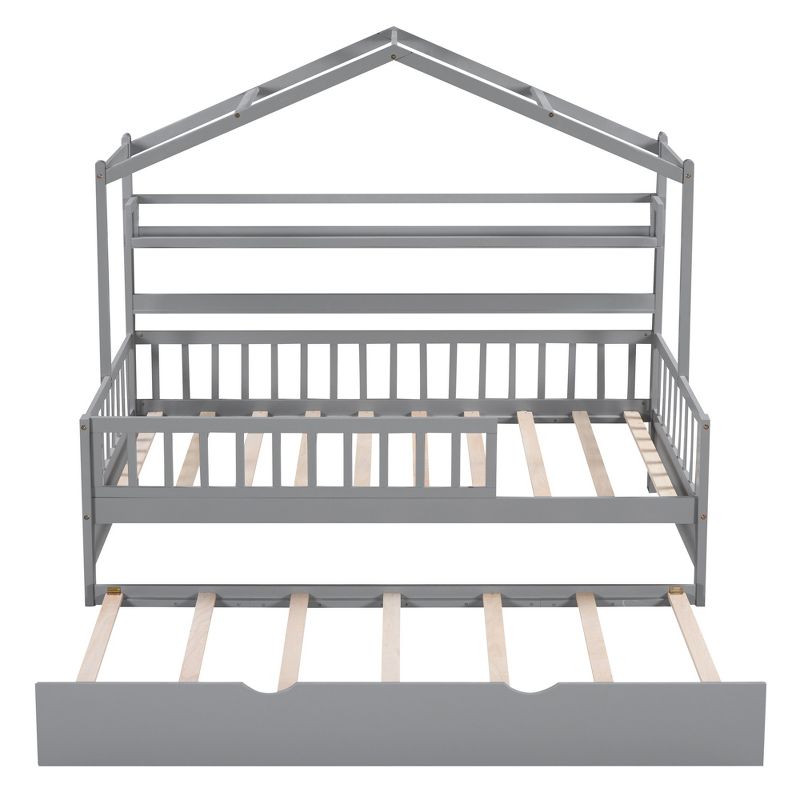 Classic Wood House Bed with Twin Trundle Bed, Guardrails and Shelves-ModernLuxe, 4 of 12
