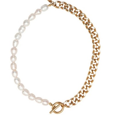 Pompeii3 18k Yellow Gold Plated Fresh Water Pearl And Curb Link Necklace 18" Toggle Clasp