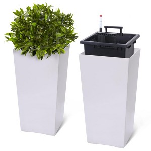 Planter Set of 2, Indoor ＆ Outdoor White Taper Planter with Shelf Insert, Self-Absorbing Plastic Flower Pots, - 1 of 4