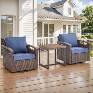 POCASSY Swivel Patio Chairs Swivel Rocker Set of 2 with Side Table, Small Patio Furniture Set Brown Wicker Outdoor Bistro Set with Swivel Glider Chair - 1 of 4