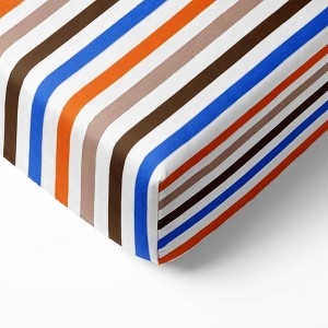 Bacati - Pin Stripes Blue Orange Beige Chocolate 100 percent Cotton Universal Baby US Standard Crib or Toddler Bed Fitted Sheet - 1 of 4