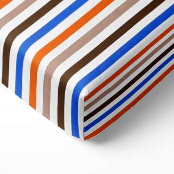 Bacati - Pin Stripes Blue Orange Beige Chocolate 100 percent Cotton Universal Baby US Standard Crib or Toddler Bed Fitted Sheet