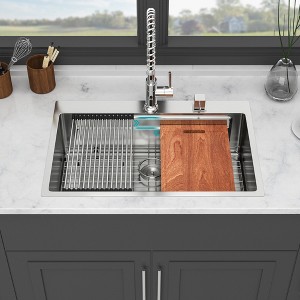 33in Drop in Kitchen Sink - 33*22 inch Kitchen Sink Drop-in Topmount Single Bowl 16 Gauge Stainless Steel Ledge Workstation Kitchen Sinks - 1 of 1