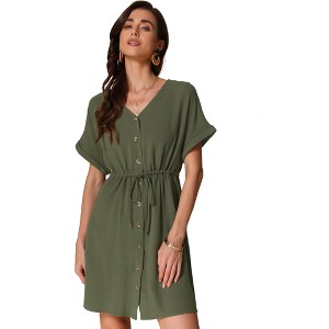 INSPIRE CHIC Women's Button Down A-Line Drawstring Waist Casual Dress - 1 of 4