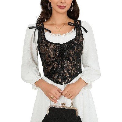 Acekool Women’s Vintage Floral Corset Lace-Up Vest, Vintage Pirate-Inspired Bustier with Embroidered Print