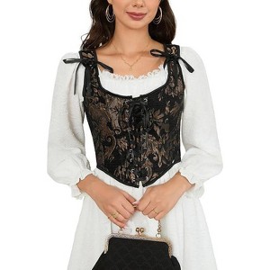 Acekool Women’s Vintage Floral Corset Lace-Up Vest, Vintage Pirate-Inspired Bustier with Embroidered Print - 1 of 4