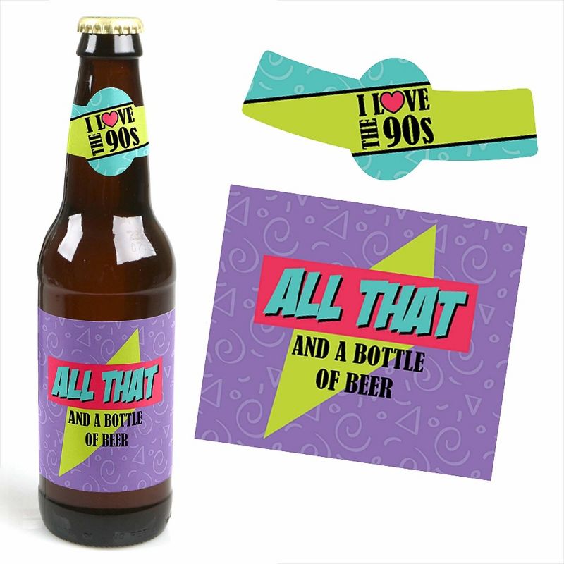Big Dot of Happiness 90's Throwback - 1990s Party Decorations for Women and Men - 6 Beer Bottle Label Stickers and 1 Carrier, 3 of 6