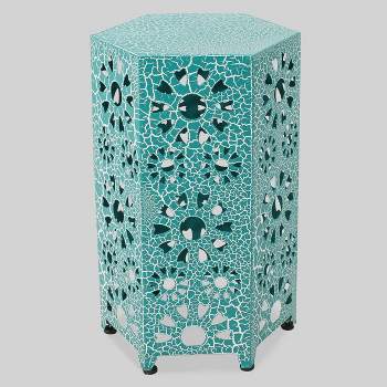 Eliana 12" Sunburst Outdoor Patio Iron Side Table - Crackle Teal - Christopher Knight Home