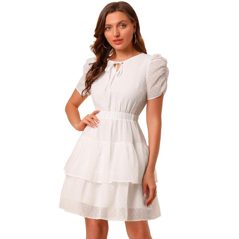 Allegra K Women's Swiss Dots Ruched Short Sleeve Elastic Waist Layer Ruffle Hem Dress, 1 of 6