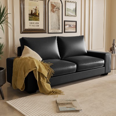 Elegant Faux Leather Sofa with Side Pockets and Comfortable Cushions