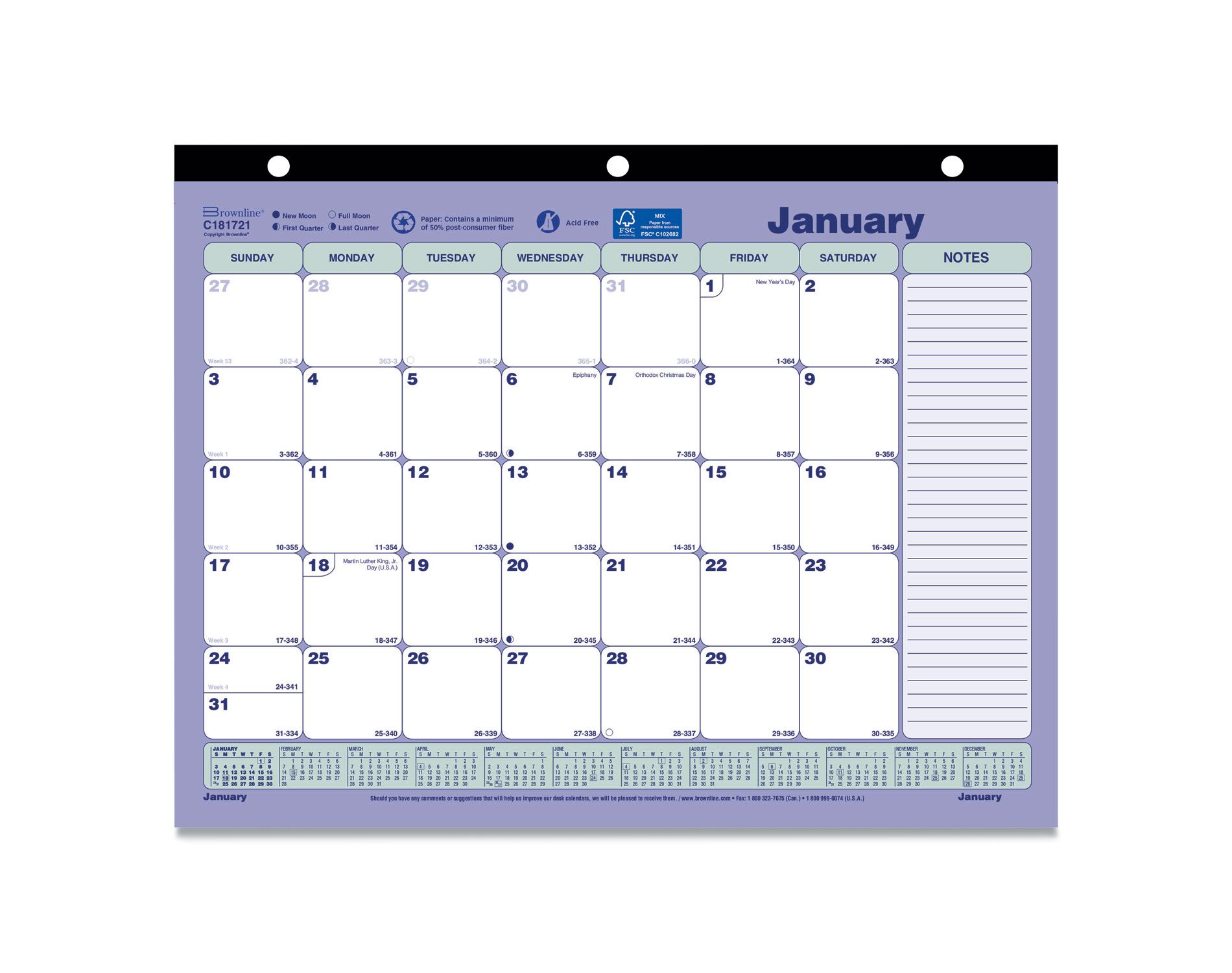 Monthly Desk Pad Calendar, 3-Hole Punched, 11 x 8.5, White/Blue/Green Sheets, Black Binding, 12-Month (Jan to Dec): 2026