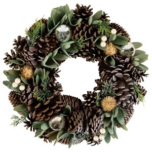Northlight Silver and Green Mixed Foliage and Pinecone Christmas Wreath, 13.5-Inch, Unlit - 1 of 3