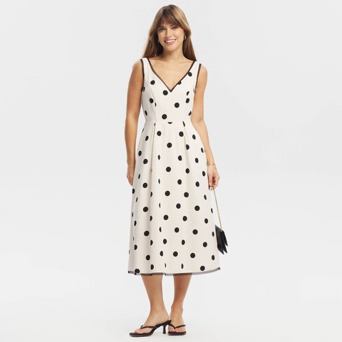 Женские платья A New Day Women's Contrast Lace Trim Midi Dress - A New Day™ Cream Polka Dots L