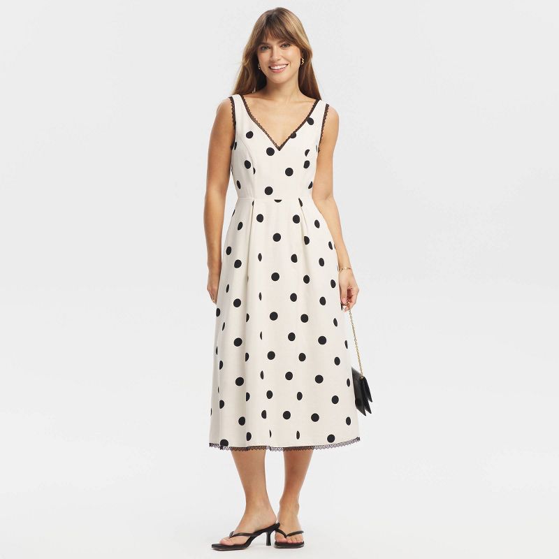 Women's Contrast Lace Trim Midi Dress - A New Day™ Cream Polka Dots XS
