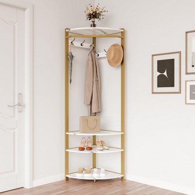 Gold and Marble White Corner Hall Tree with Shoe Bench and Coat Rack