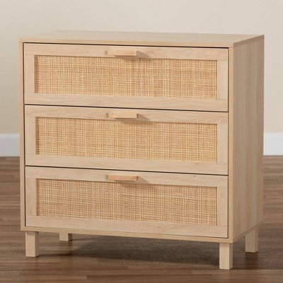 Sebille Light Brown Wood and Rattan 3-Drawer Chest