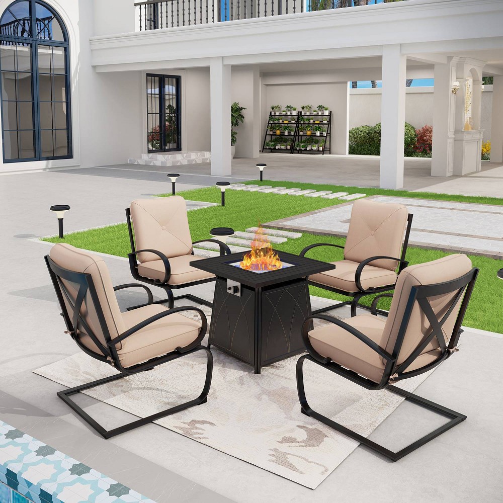 Photos - Garden Furniture 5pc Outdoor Set with Spring Motion Chairs & 28" Fire Table - Beige - Capti