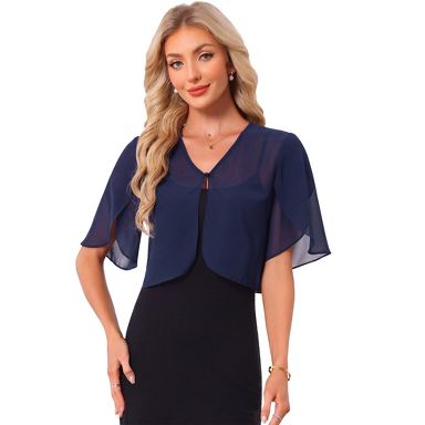 INSPIRE CHIC Women's Collarless Chiffon Bolero Ruffle Short Sleeve Open Front Sheer Cropped Shrug X-Small Dark Blue