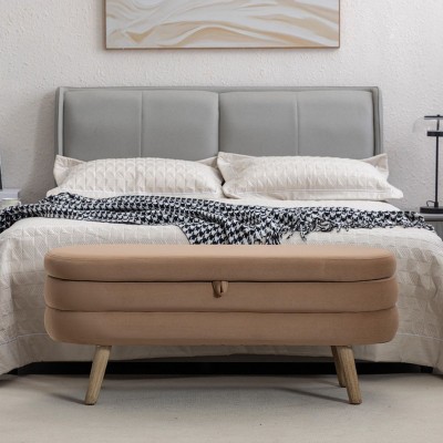Velvet Cushioned Bench With Storage Upholstered Bench Oval Bed Bench With Storage Bedside Bench With Wood Legs-Cuddlewood