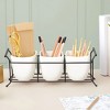 LunaLulinlk 3 Piece White Ceramic Utensil Holder with Metal Stand, Flatware Caddy for Cutlery, Silverware, Kitchen Organizing (White, 13 x 4 x 5 In) - 3 of 4
