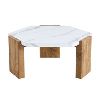 Zeus & Ruta 31-Inch Modern Hexagonal Coffee Table with White Marble Surface
