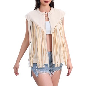 Coolmee Women's Fringe Vest 70s Denim Zip Up Jacket Hippie Sleeveless Loose Costume - 1 of 4