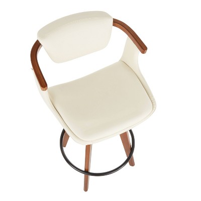 Mid-Century Modern Cream Swivel Counter Stool with Walnut Wood Frame