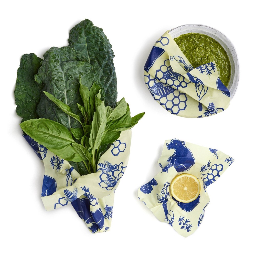 Bee&#039;s Wrap 3pk Reusable Beeswax Food Wraps Sustainable Plastic Free - 1 Small 1 Medium 1 Large Blue