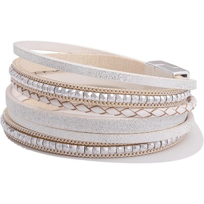 Trendy Layered Boho Leather Wrap Bracelets with Magnetic Clasp, Stackable Bohemian Jewelry Gifts for Women