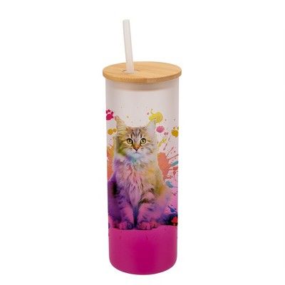 100 North 25 Ounce Frosted Glass Gradient Travel Tumbler With Straw & Wooden Lid, Maine Coon Cat Paint Splatter Pink