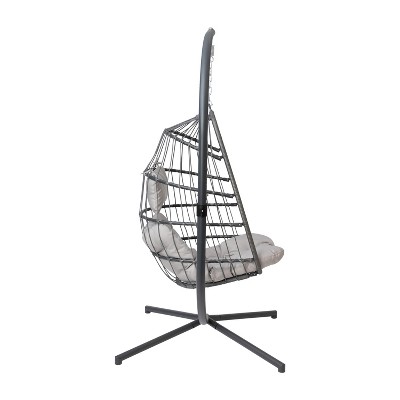 Gray Wicker Hanging Egg Chair with Cushions and Stand
