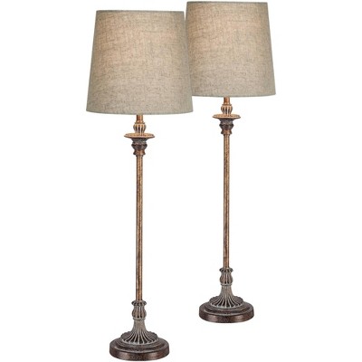 Regency Hill Traditional Buffet Table Lamps Set of 2 Weathered Brown Ridged Linen Fabric Drum Shade for Dining Room