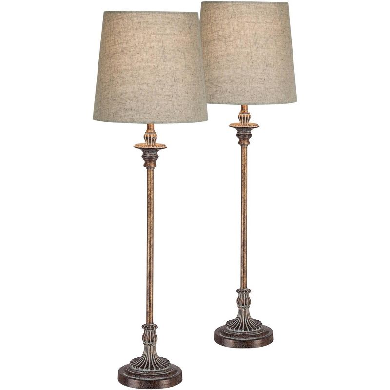 Regency Hill Bentley Traditional Buffet Table Lamps 31 1/2" Tall Set of 2 Weathered Brown Linen Fabric Drum Shade for Bedroom Living Room Bedside Home, 1 of 11