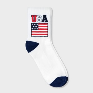Women's Ribbed Cushioned USA Flag Short Crew Socks - White/Blue/Red 4-10: Recycled Polyester, Banded Cuff, Cushioned Sole - 1 of 3