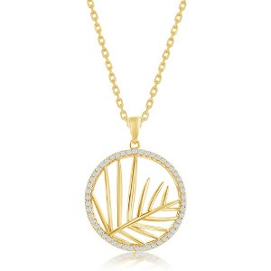 Bella Silver Sterling Silver Round CZ Outline w/ Center Cut-Out Leaf 18" Pendant Necklace - Gold Plated - Gold - 1 of 2