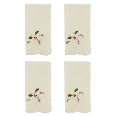 White Embroidered Holly and Ribbon Table Napkins Set