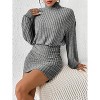 Long Lantern Sleeve Ribbed Knit Sweater Dress, Turtle Neck Bodycon Mini Pullover Dress for Women, Fall and Winter Fashion Grey - 4 of 4