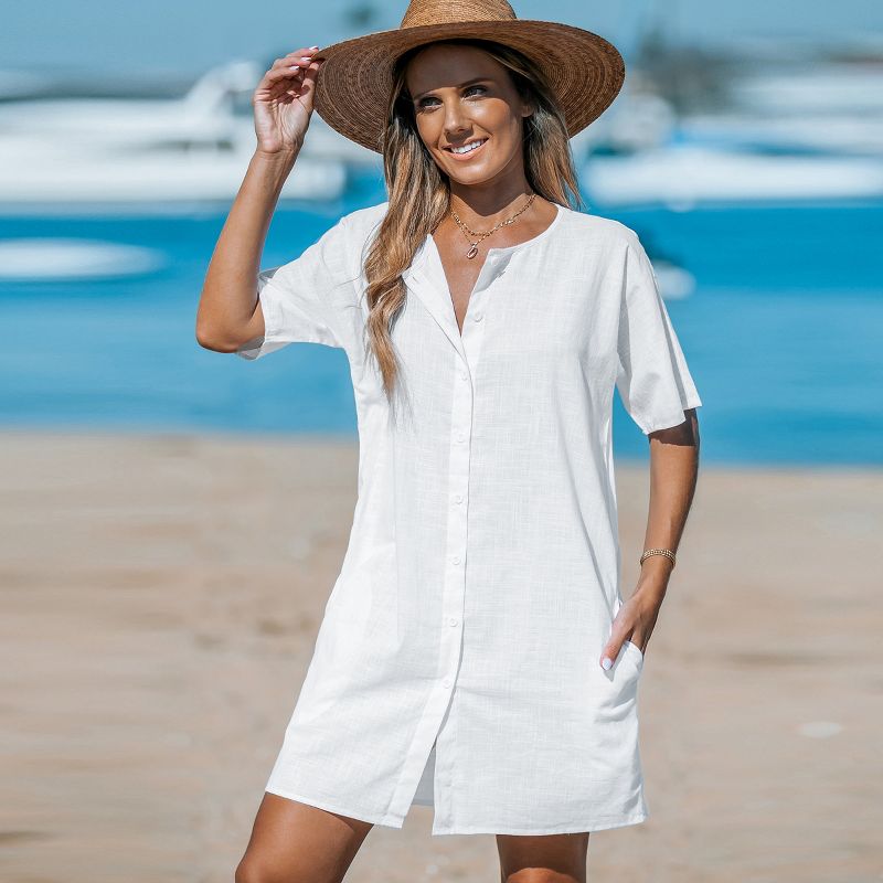 Women's Button-Up Short Sleeve Cover-Up Dress - Cupshe, 5 of 7