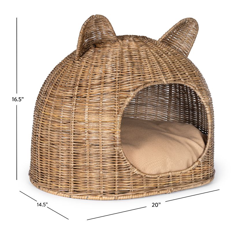 Cat Ear Coastal Handwoven Rattan Cat Bed with Machine-Washable Cushion, 5 of 10