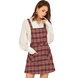 Allegra K Women's Plaid Tartan Button Decor A-Line Pinafore Overall Dress - 1 of 4