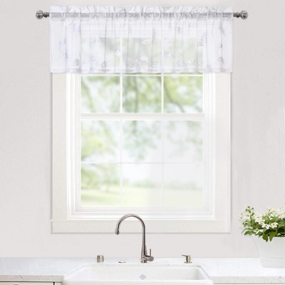 Leaf Embroidered Voile Sheer Kitchen Curtain Valance, White, 52